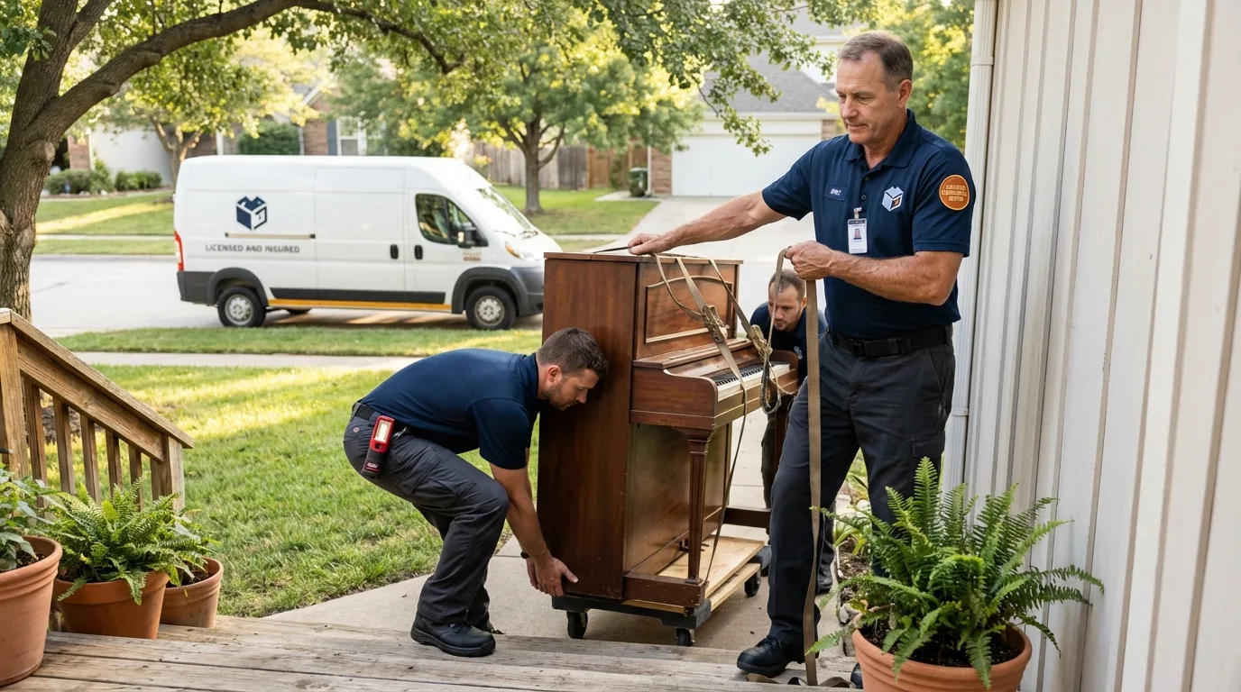 Licensed piano movers securing grand piano in Blackwood, NJ