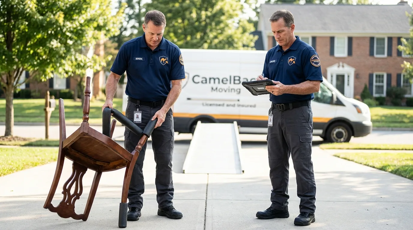 Movers inspecting furniture for damage prevention before loading in Blackwood, NJ