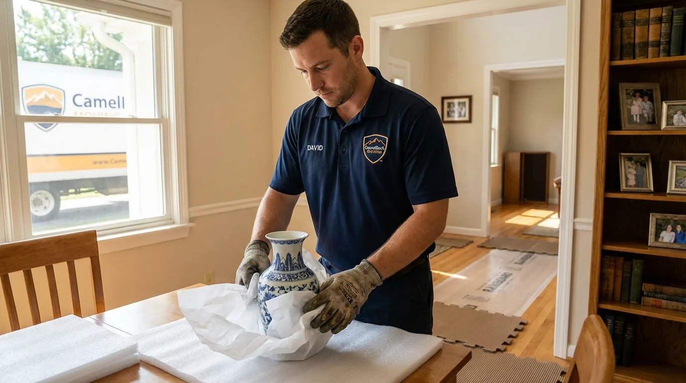 Professional crew carefully wrapping antique vase for senior downsizing move in Blackwood, NJ